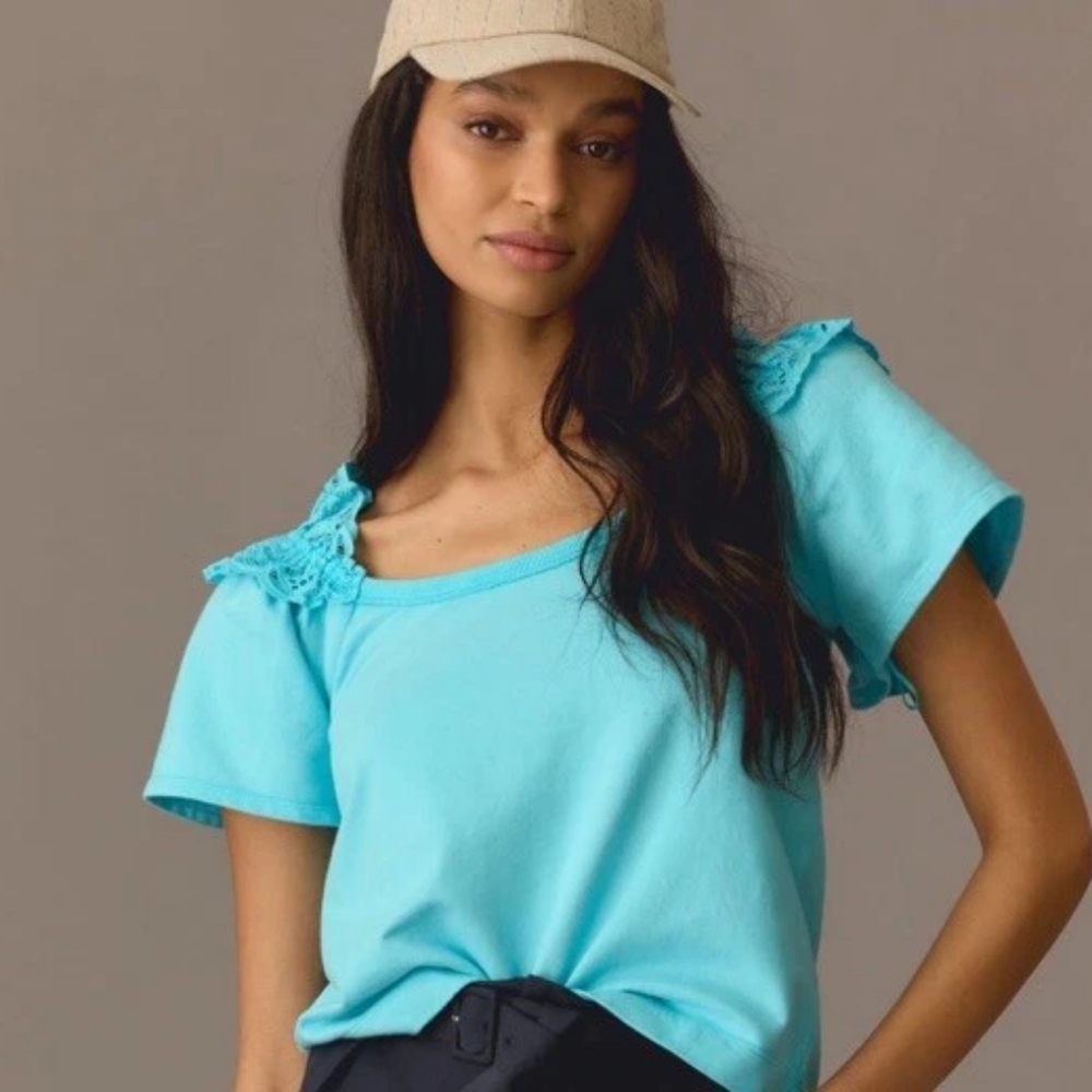 Anthropologie Aqua Blue Short Sleeve Tee with Lace Shoulder Detail